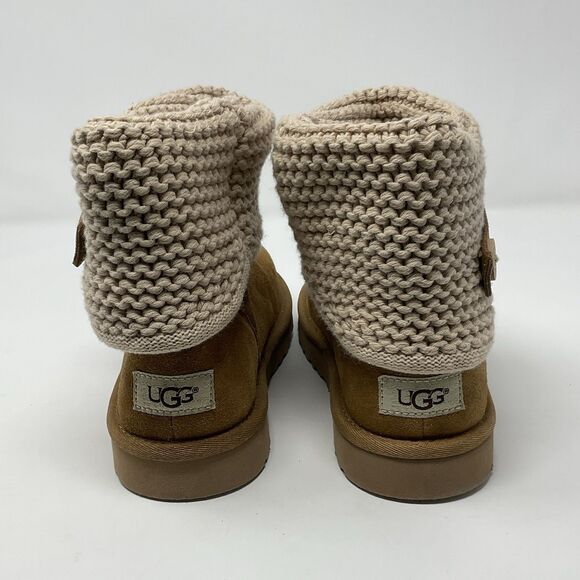 UGG Darrah Girls Sweater Knit Chestnut Suede Sheepskin Foldover Button 5 Kids - Picture 8 of 16